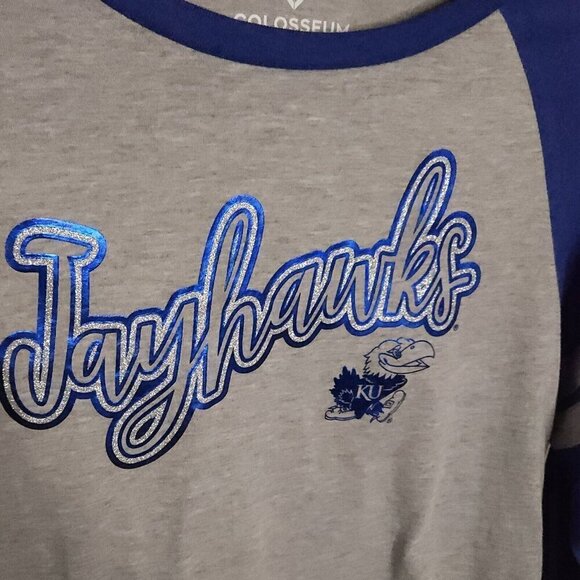 University Of Kansas Colosseum New Grey Blue Shiny Jayhawks Cropped Top - Picture 3 of 5